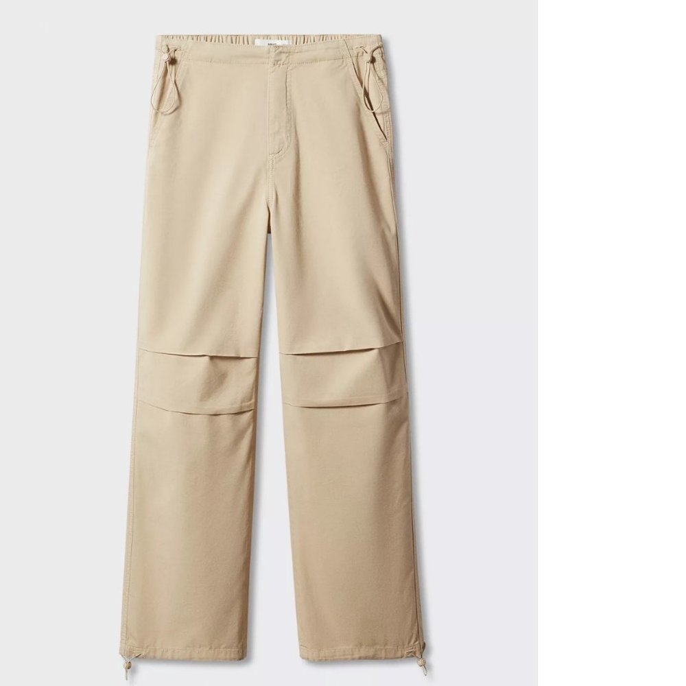 MANGO Women's sz Small Beige Parachute Drawstring Casual Pants MNG Mid Trousers